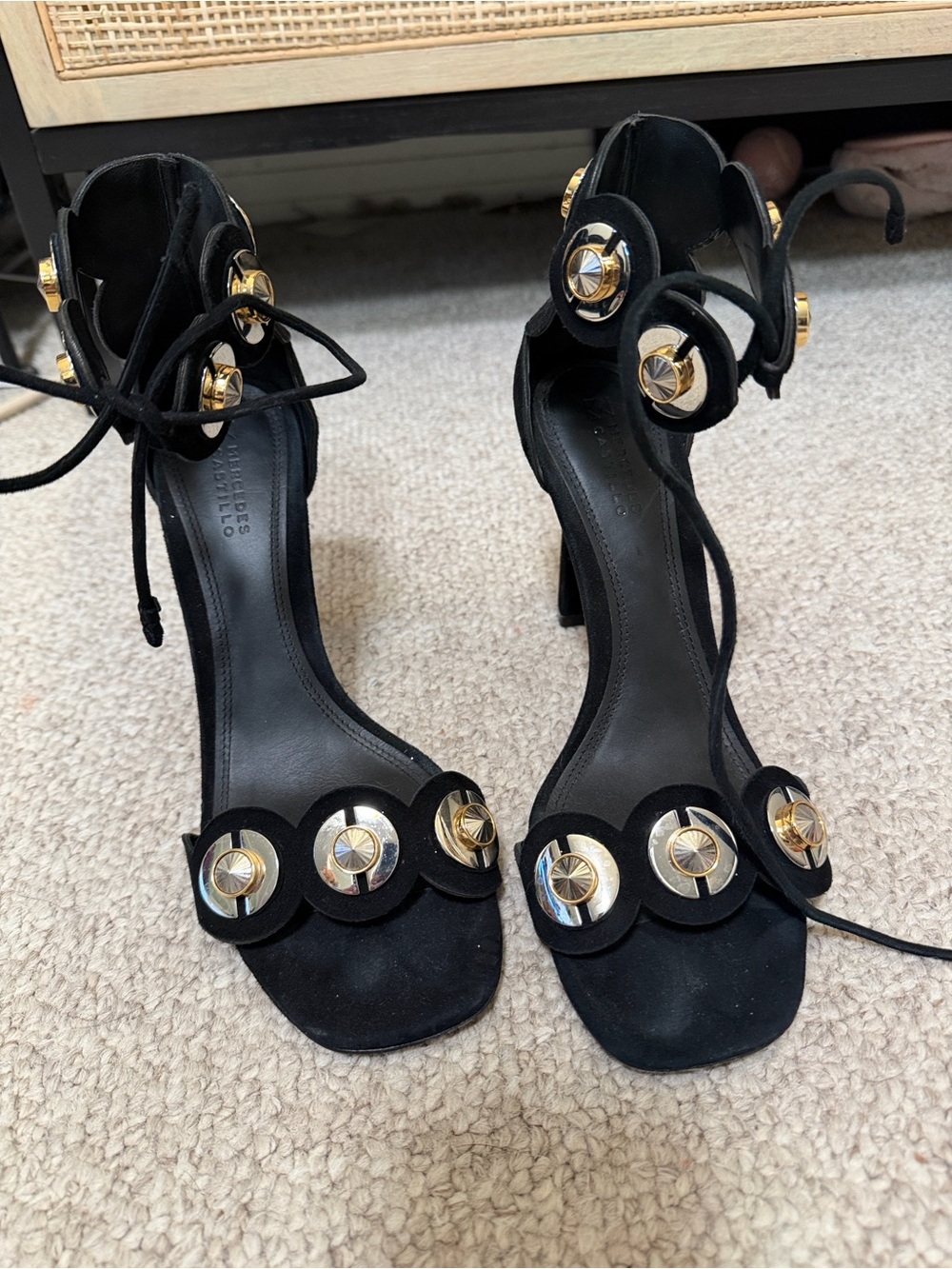 MERCEDES CASTILLO Black Suede Lace-Up Heels with Gold Medallions